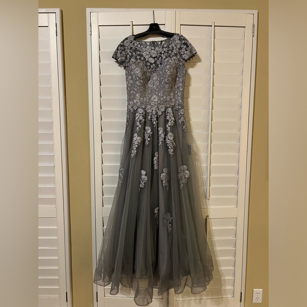 La femme embellished mesh A-line ball gown in silver - Picture 1 of 4